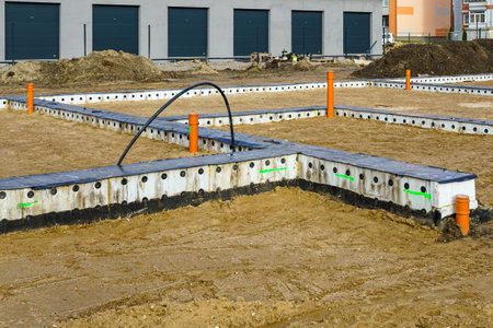 Row house construction site with prepared concrete foundations and underground utilities, power...