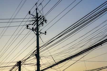 Chaotic network of overhead electric cables and utility pole silhouetted at dusk, showcasing urban infrastructure clutterの写真素材