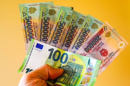 In the hand are Vietnamese dong and 100 euro banknotes on a bright yellow background, symbolizing an...