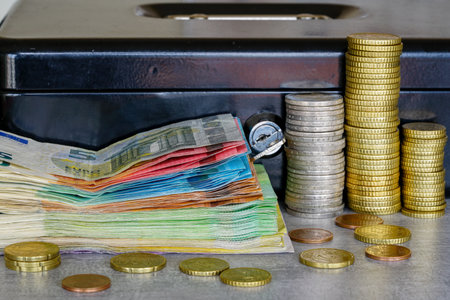 A close-up image of euro bills and coins neatly stacked beside a locked black cashbox, representing savings, finance, and secure money managementの写真素材