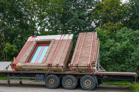 Flatbed truck transporting prefabricated brick wall panels with windows for modular home construction at building siteの写真素材