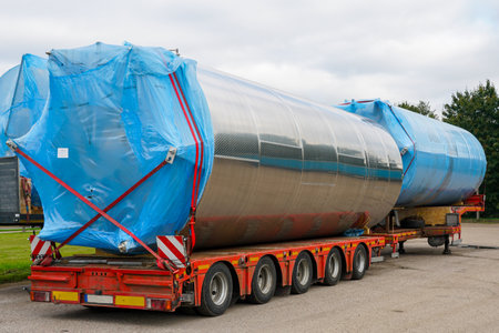 Heavy-duty flatbed truck transporting large stainless steel industrial tanks wrapped in blue covers for safe deliveryの写真素材