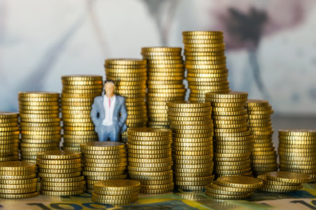 A miniature businessman figurine stands among stacks of coins, symbolizing finance, investment, corporate wealth, success, and economic growthの写真素材
