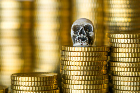 Close-up of a skull placed on top of gold coins, symbolizing greed, corruption, financial danger, wealth, power, and the dark side of moneyの写真素材