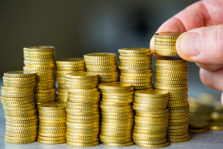 Close-up of a hand stacking euro coins into neat piles, representing savings, wealth building, investment, financial planning, and economic stabilityの写真素材