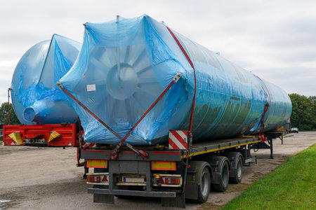 Flatbed trailer transporting oversized stainless steel industrial tank wrapped in blue plastic for protection, secured with safety strapsの写真素材