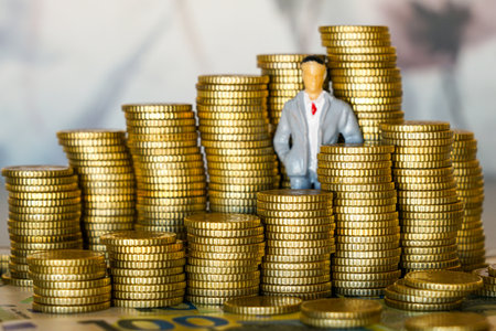 Small figurine of businessman standing between piles of gold coins, representing wealth, investment, financial success, business growth and prosperityの写真素材