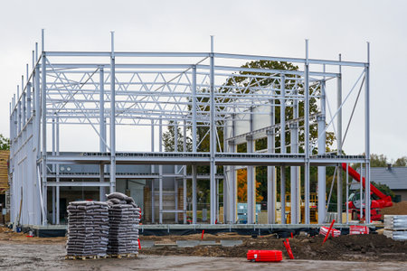 Steel frame of an industrial building under construction with materials and equipment on site. Modern civil engineering and infrastructure conceptの写真素材