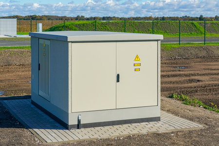 Modern 10kV medium voltage compact transformer substation on a concrete base for efficient urban and industrial power distribution systemsの写真素材