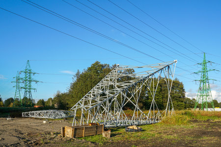 Steel framework of new high-voltage transmission tower under construction beside existing power lines, illustrating modern infrastructure developmentの写真素材