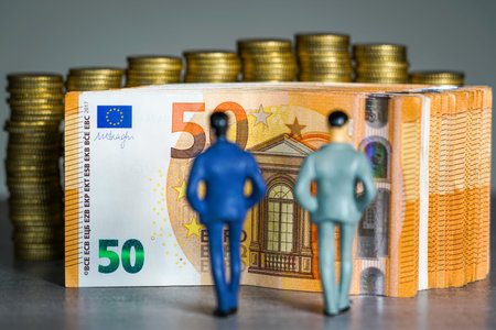 Two miniature businessmen stand in front of tall stacks of golden coins, representing investment,...