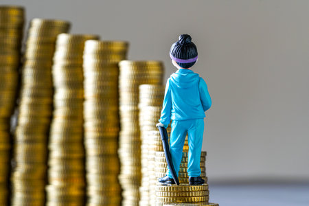 Miniature person in a blue tracksuit stands atop stacks of golden coins, symbolizing ambition, financial success, career growth, and economic progressの写真素材