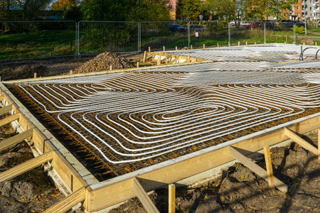 Underfloor heating system installation with plastic pipes laid in concrete foundation at new house construction site, energy-efficient buildingの写真素材