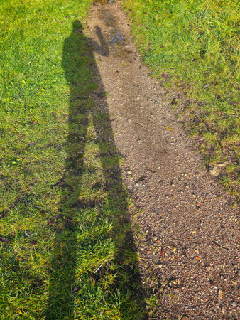 Long human shadow on a countryside path during autumn sunlight, showing green grass and gravel texture in warm seasonal lightの写真素材