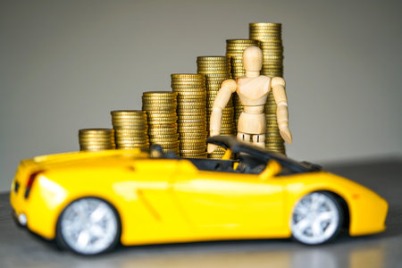 Wooden mannequin stands beside a yellow sports car and stacks of gold coins, representing wealth,...