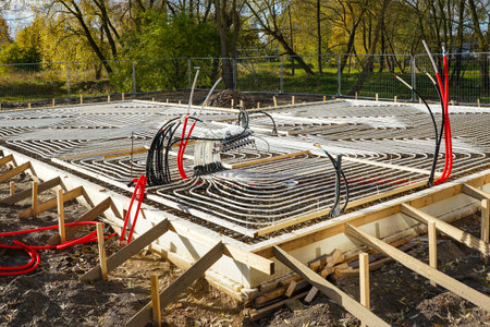 Modern underfloor heating system installation at a construction site. white plastic pipes arranged in a concrete foundation for energy-efficient heating.の写真素材