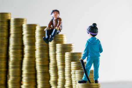 Two miniature toy figures stand on uneven stacks of golden coins, representing wealth inequality, success, ambition, and the financial gap in societyの写真素材
