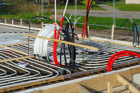 Underfloor heating system being installed in a building foundation. Red, black, and white pipes arranged for modern energy-efficient heatingの写真素材