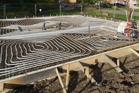 Underfloor heating system installation with white pipes laid in concrete foundation during building construction, efficient energy solutionの写真素材