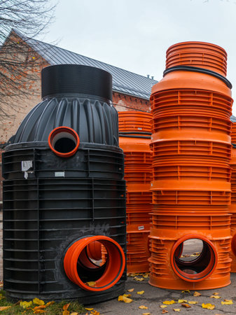 Large orange and black plastic manhole wells for underground utility pipes stored outdoors on a construction site on city street before installationの写真素材