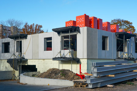 New apartment building under construction with concrete wall panels, insulation layers, showing progress in modern residential developmentの写真素材