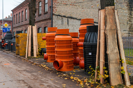 Plastic manhole wells and drainage pipes prepared for installation at an urban street construction site surrounded by old brick buildings and autumn leavesの写真素材
