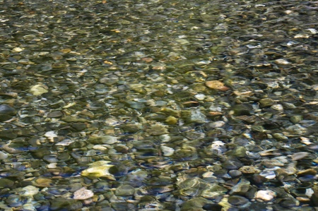 Rippled background showing pebbles through clear waterの写真素材
