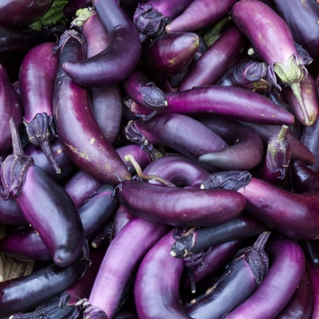 Fresh picked eggplant on display at the farmer's marketの写真素材
