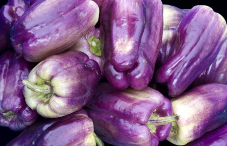 Purple bell peppers on display at the farmerの写真素材