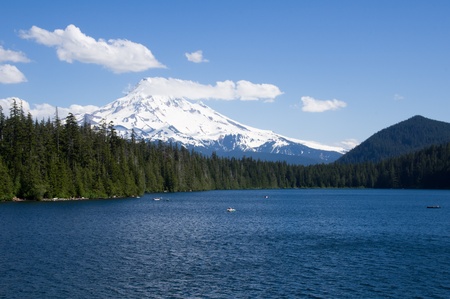 Lost Lake with view of Mt Hood in background and fisherman in boatsの写真素材