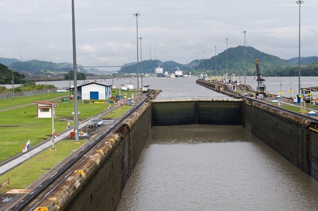 Gates and basin of Miraflores Locks Panama Canal filling to raise a shipのeditorial素材