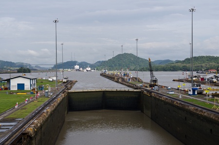 Gates and basin of Miraflores Locks Panama Canal filling with waterのeditorial素材