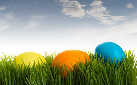 Three colorful Easter eggs in the grass with blue sky