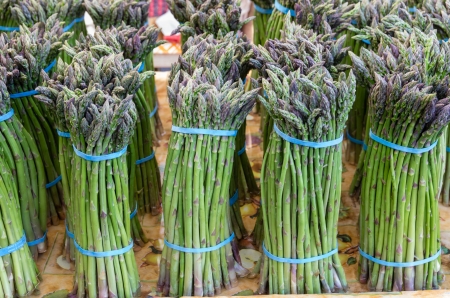 Freshly harvested asparagus bunches on display at the farmers marketの写真素材