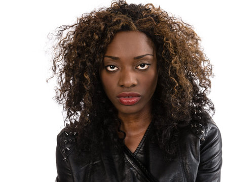 A young African American girl win a black leather jacketの写真素材