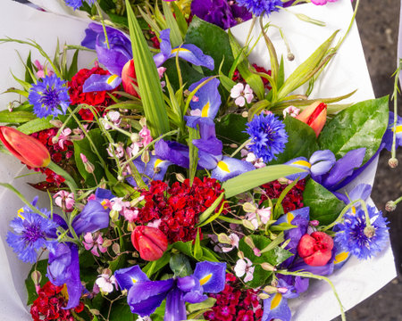 Fresh floral bouquets on display at the farmers marketの写真素材