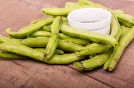 Fresh fava beans with dipping sauce ready to eatの写真素材