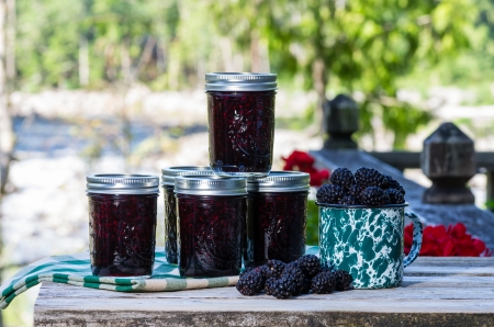 Jars of homemade marionberry or blackberry preserves or jamの写真素材