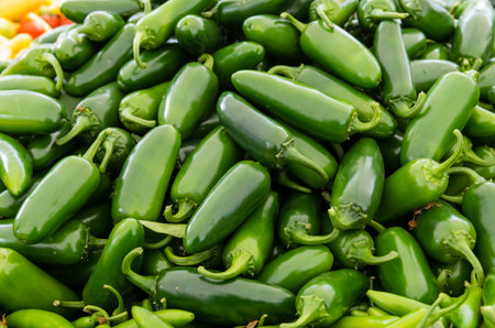 Jalapeno hot peppers on display at the farmers marketの写真素材