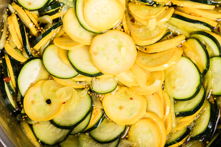 Squash slices in a bowl of brine for canningの写真素材