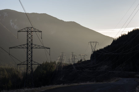 Misty dawn view of electrical transmission towers