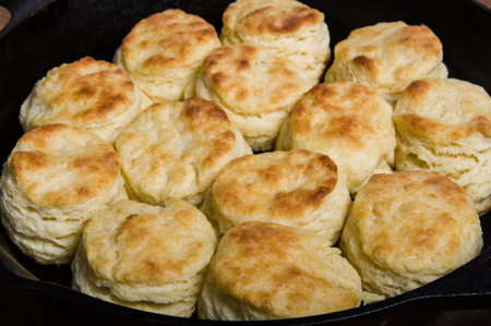 Fresh baked biscuits baked in a cast iron skilletの写真素材