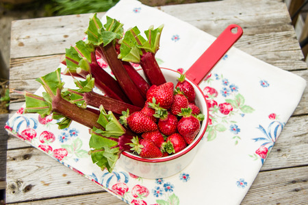 White cook pot with strawberries and rhubarbの写真素材