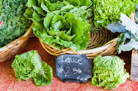Display of fresh lettuce at the farmers marketの写真素材