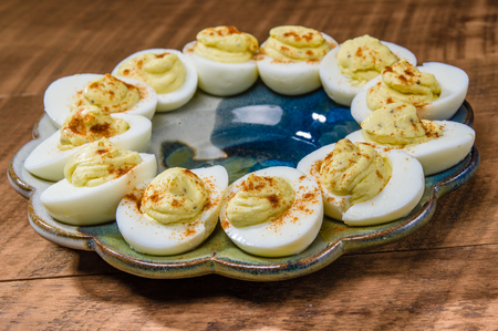 Holiday egg plate with festive deviled eggsの写真素材