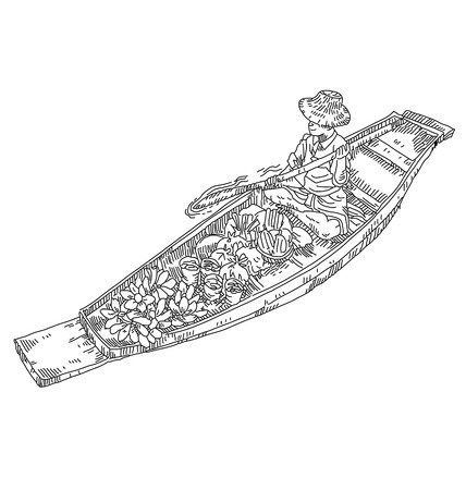 Trading on boat, Thailand lifestyle, doodle drawingのイラスト素材