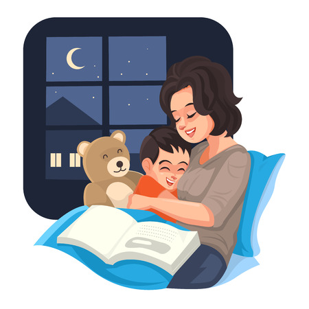 Mother tell story with her son at night, Vector illustration.のイラスト素材
