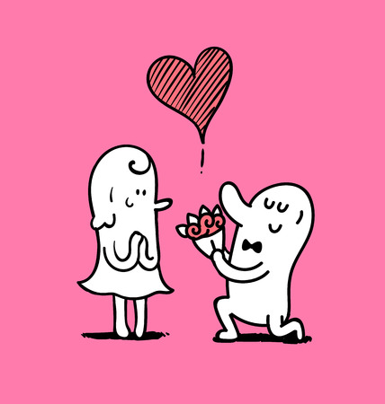 Man give a bouquet to woman in valentine day, Doodle vector illustration.のイラスト素材