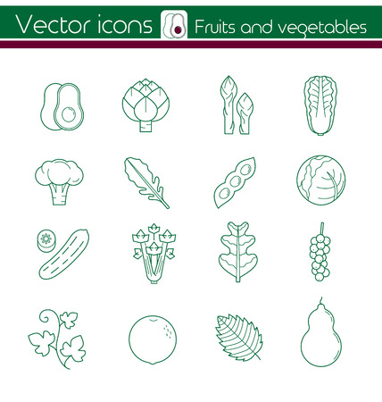 Green fruits and vegetables, Line vector icons, Sign and symbol.のイラスト素材