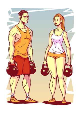 Man and woman with kettlebells, Vector infographic illustration.のイラスト素材